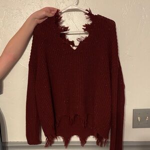 Women's Distressed Burgundy Sweater